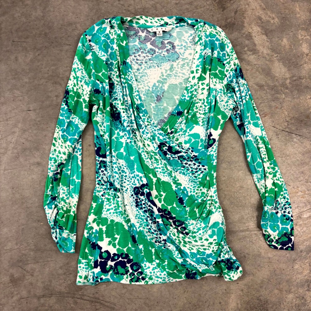 Cabi Green Blue Abstract Leopard Print Surplice Wrap Top Style 968 Womens Small